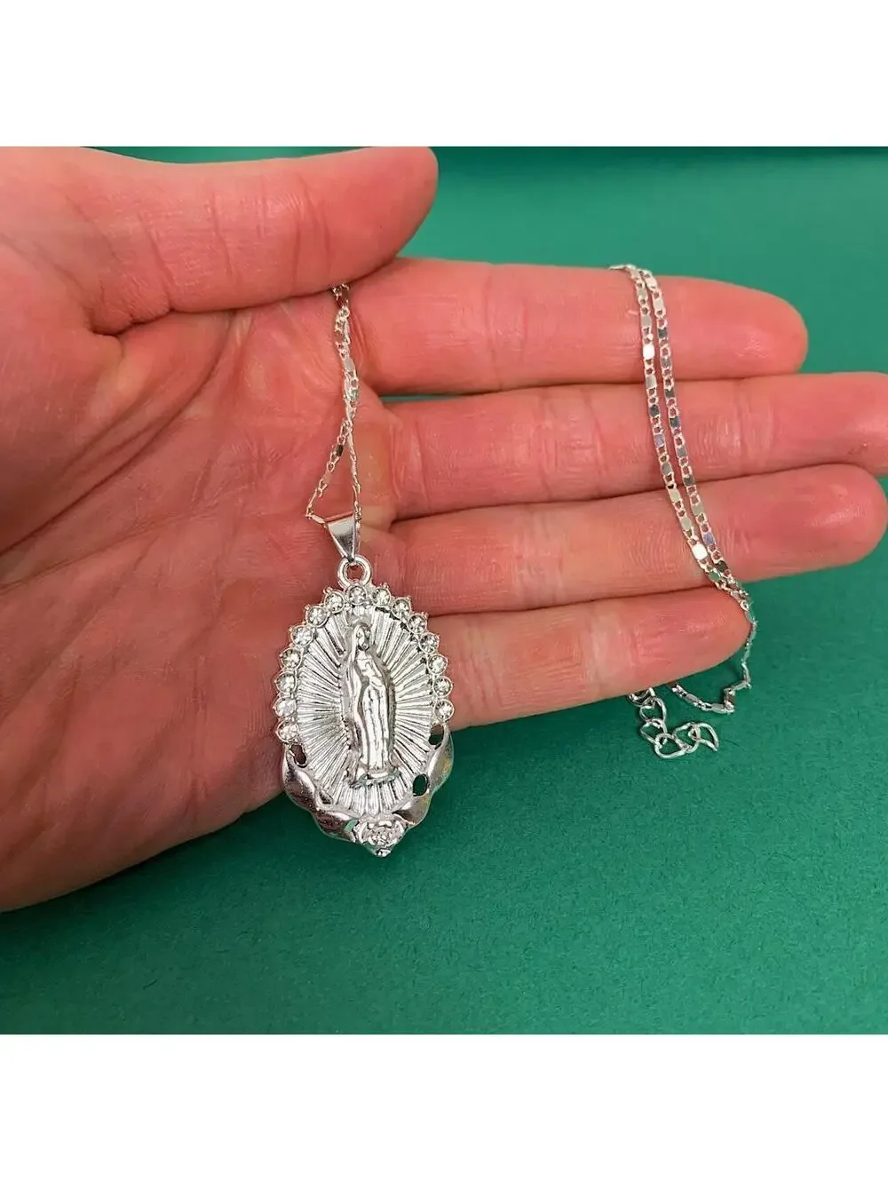 Silver Saint Marry rhinestone pendant y2k 90s style necklace chain. Grunge punk